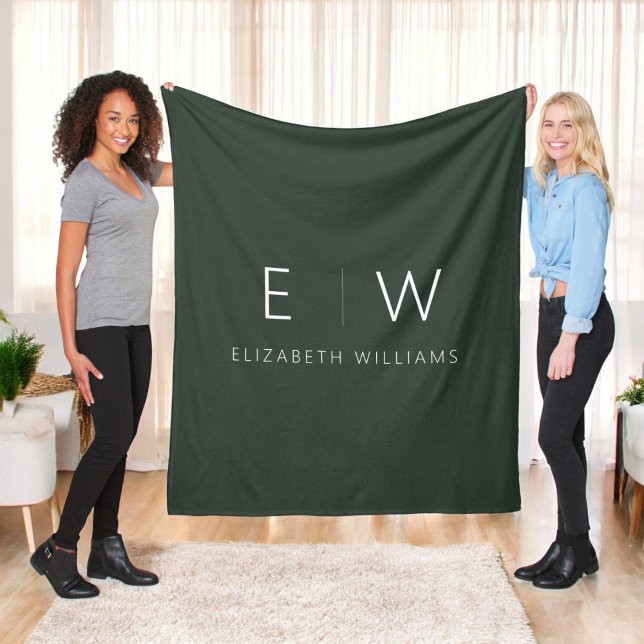Dark Green Elegant Modern Minimalist Monogram Name Fleece Blanket (Creator Uploaded)