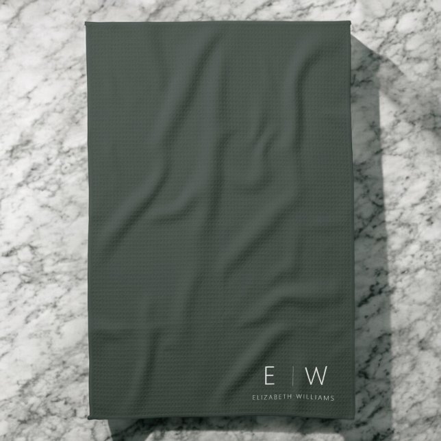 Dark Green Elegant Modern Minimalist Monogram Name Tea Towel (Creator Uploaded)