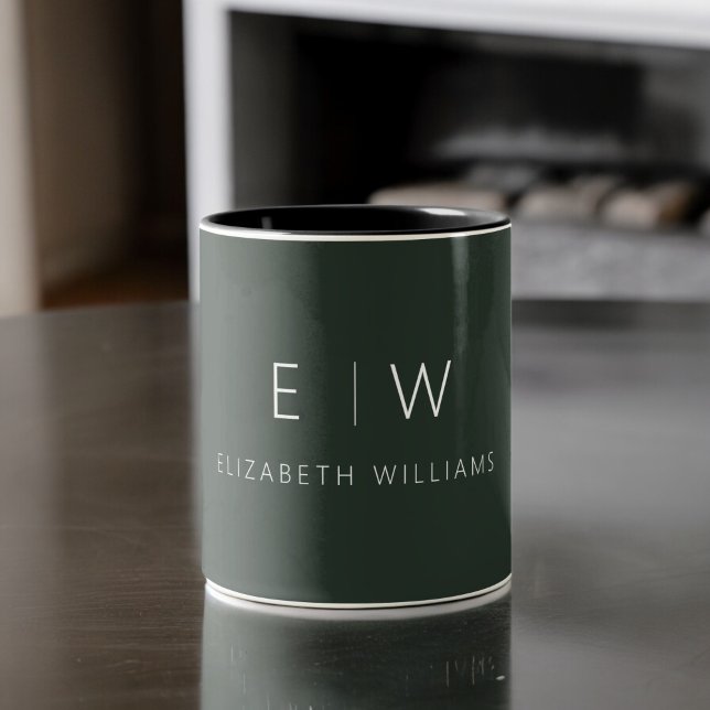 Dark Green Elegant Modern Minimalist Monogram Name Two-Tone Coffee Mug (Creator Uploaded)