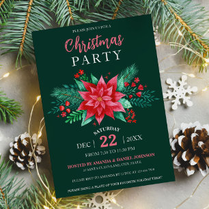 Dark Green Elegant Red Watercolor Poinsettia  Invitation