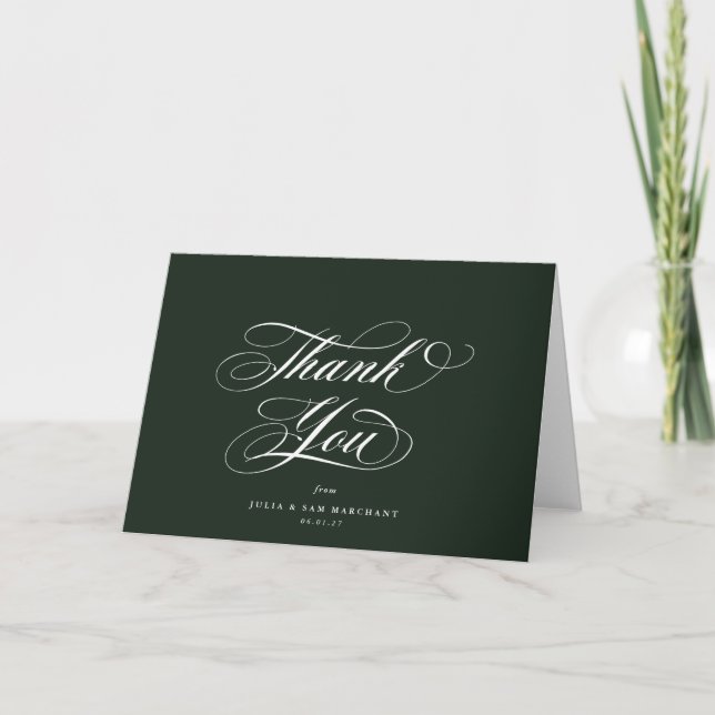 Dark Green Elegant Script Blank Wedding Thank You Card (Front)