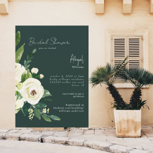 Dark Green Elegant White Floral Bridal Shower Invitation