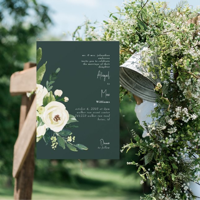 Dark Green Elegant White Floral Wedding Invitation (Creator Uploaded)