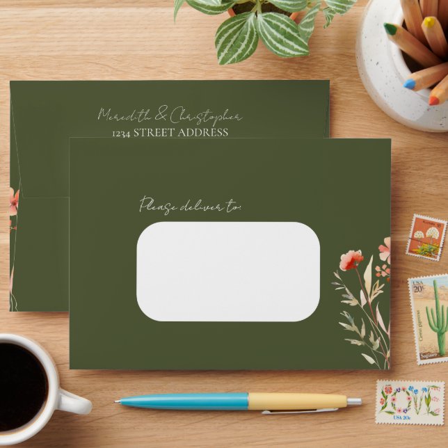 Dark Green Elegant Wildflowers Boho Wedding Envelope (Desk)