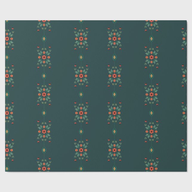 Dark Green Emerald Folk Art Pattern Wrapping Paper (Seam)