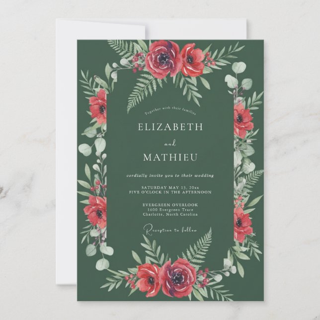 Dark Green Enchanted Floral Wedding Invitation (Front)