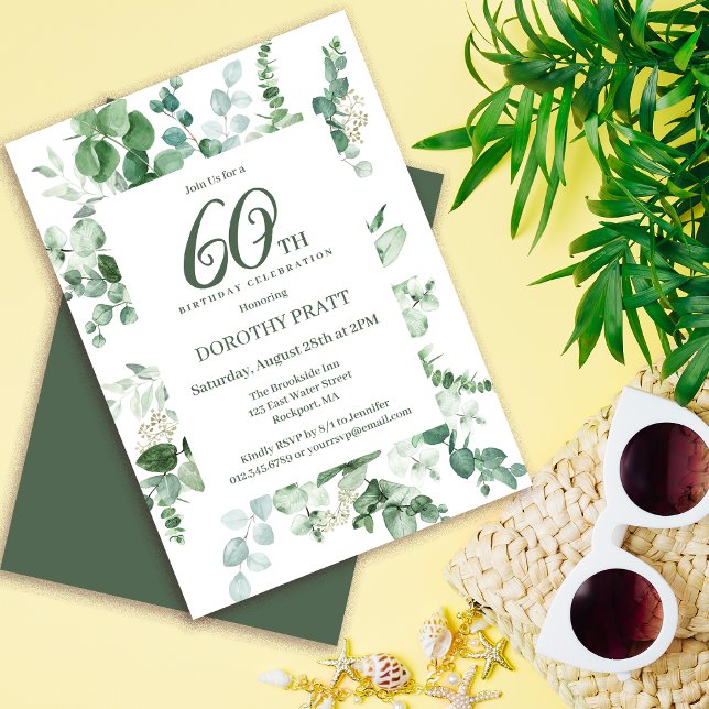 Dark Green Eucalyptus 60th Birthday Party Invitation (Need matching party supplies? Welcome signs, napkins, paper plates, something else. Message me!)