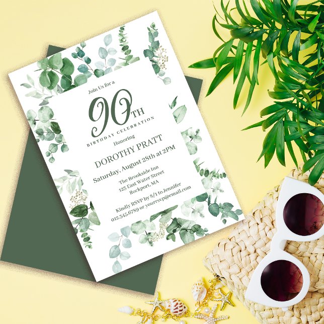Dark Green Eucalyptus 90th Birthday Party Invitation (Need matching party supplies? Welcome sign, napkins, paper plates. Something else? Message me!)