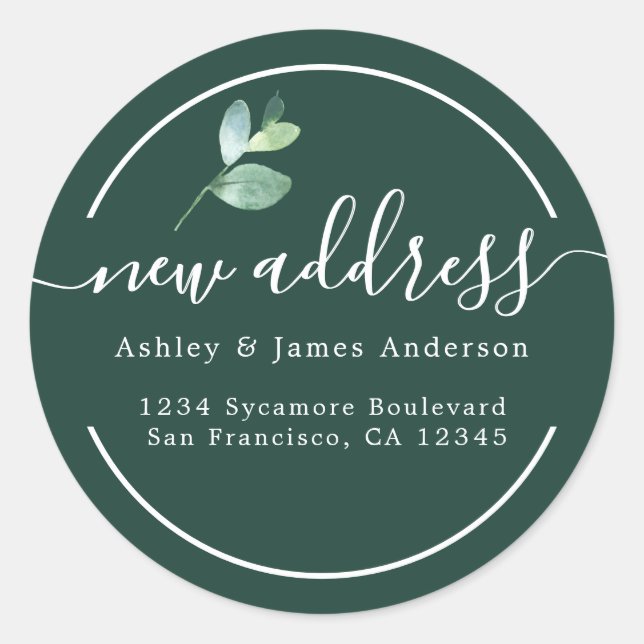Dark Green Eucalyptus Calligraphy New Address  Classic Round Sticker (Front)