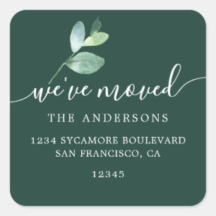 Dark Green Eucalyptus We’ve Moved New Address Square Sticker