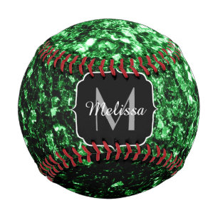 Dark green faux glitter sparkle Monogram name Baseball