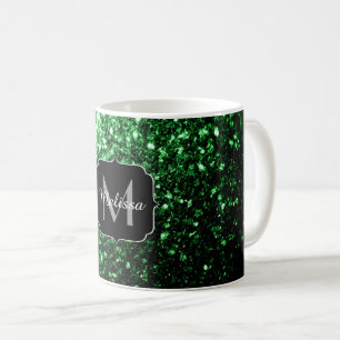 Dark green faux glitter sparkles Monogram Coffee Mug