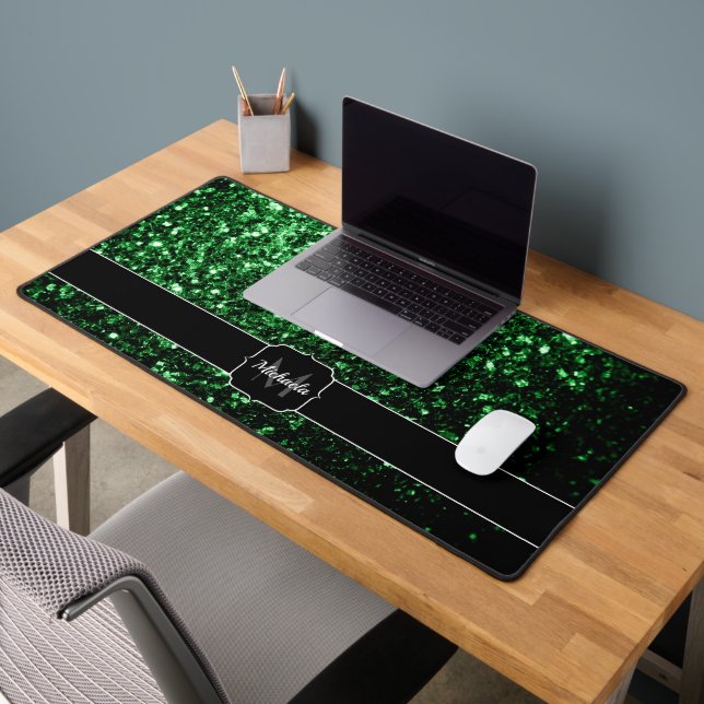 Dark green faux glitter sparkles Monogram Desk Mat (Office 2)