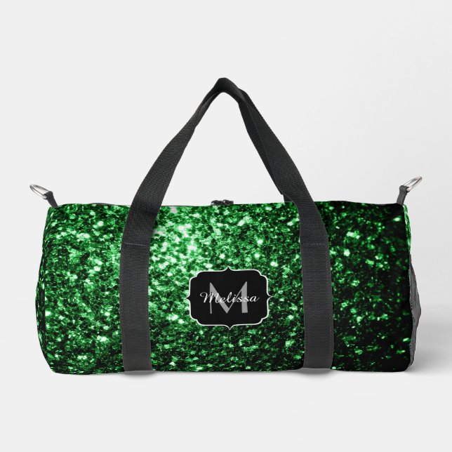Dark green faux glitter sparkles Monogram Duffle Bag (Front)