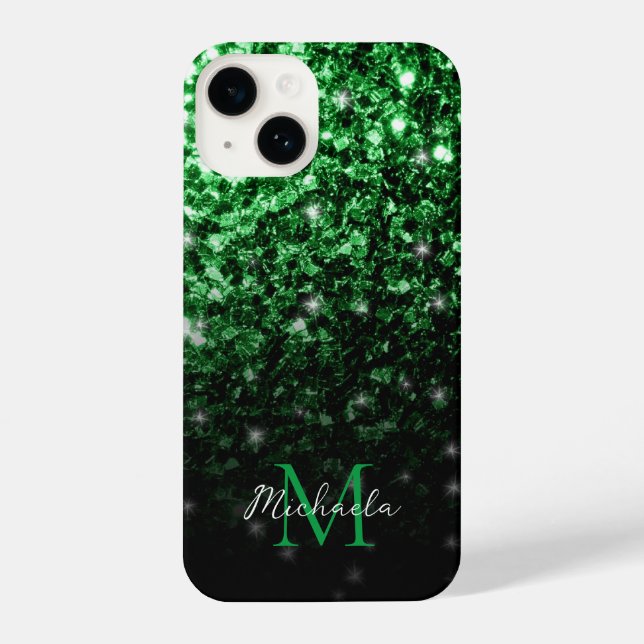 Dark green faux glitter sparkles Monogram iPhone Case (Back)