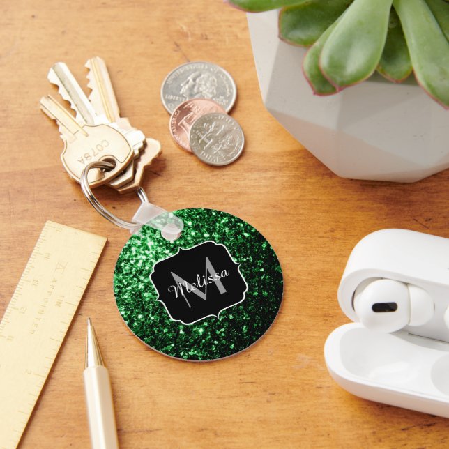 Dark green faux glitter sparkles Monogram Key Ring (Desk)