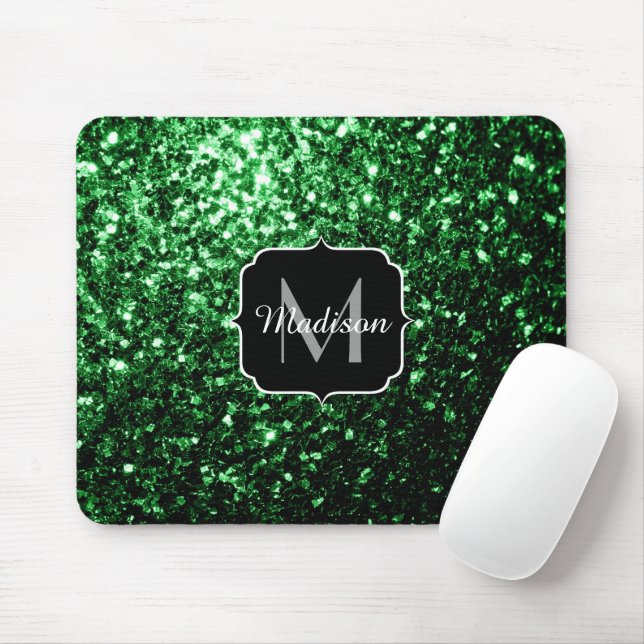 Dark green faux glitter sparkles Monogram Mouse Pad (With Mouse)