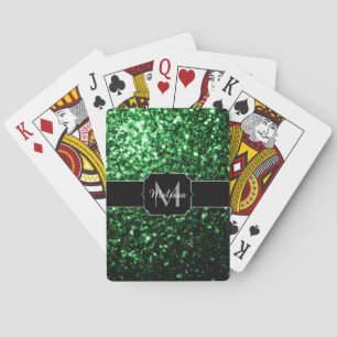 Dark green faux glitter sparkles Monogram Playing Cards