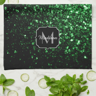 Dark green faux glitter sparkles Monogram Tea Towel