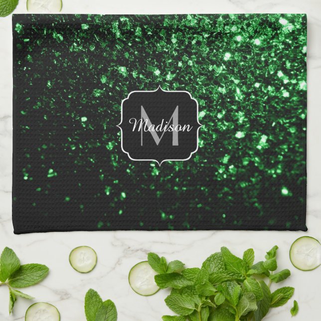 Dark green faux glitter sparkles Monogram Tea Towel (Folded)