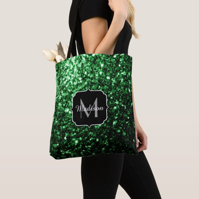 Dark green faux glitter sparkles Monogram Tote Bag (Close Up)