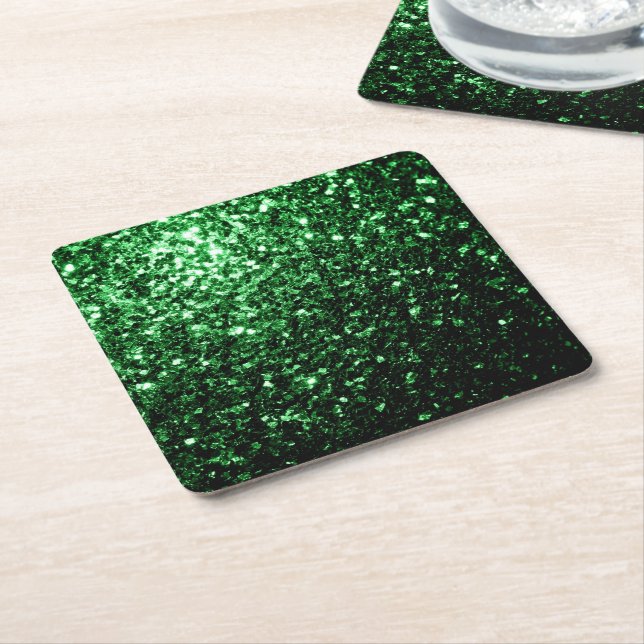 Dark green faux glitter sparkles square paper coaster (Angled)