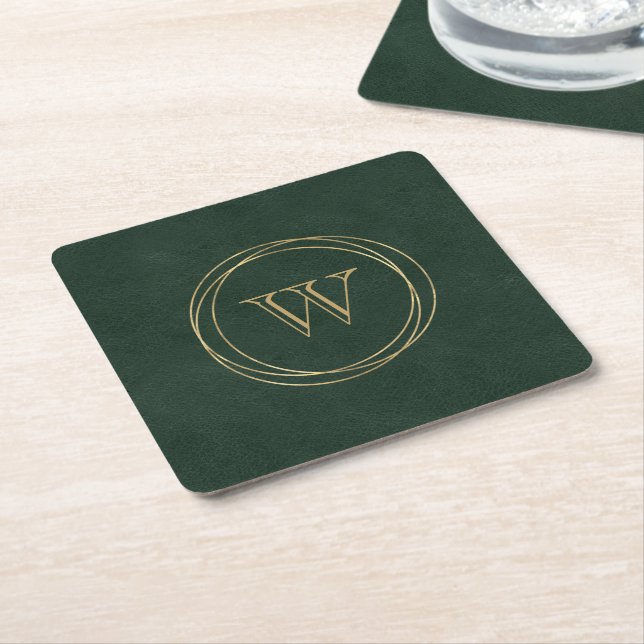 Dark Green Faux Leather Gold Circles Monogram Square Paper Coaster (Angled)