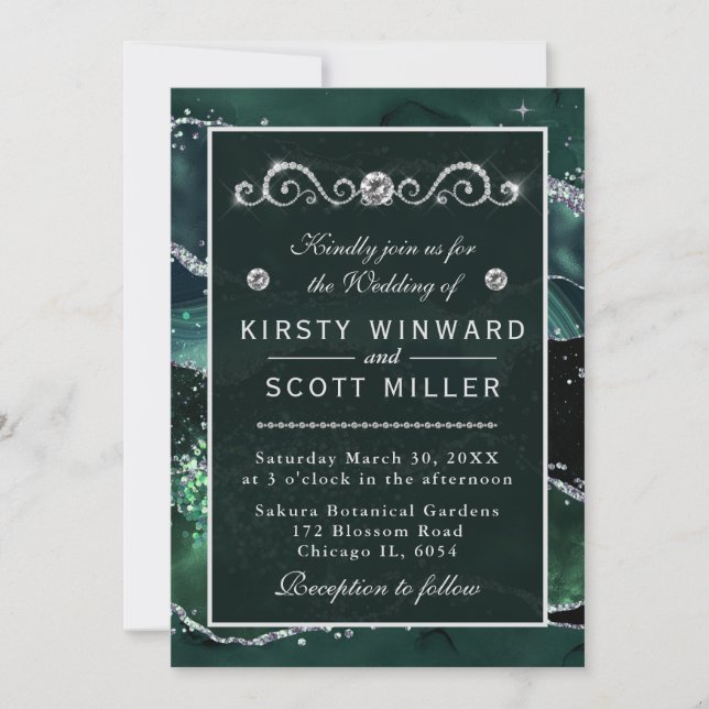 Dark Green & Faux Silver Glitter Agate Wedding Invitation (Front)