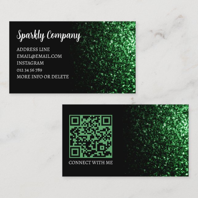 Dark green faux sparkle black elegant QR code Business Card (Front/Back)