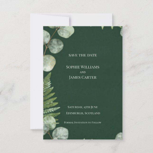 Dark Green Fern Eucalyptus Scottish Wedding Save The Date (Front)
