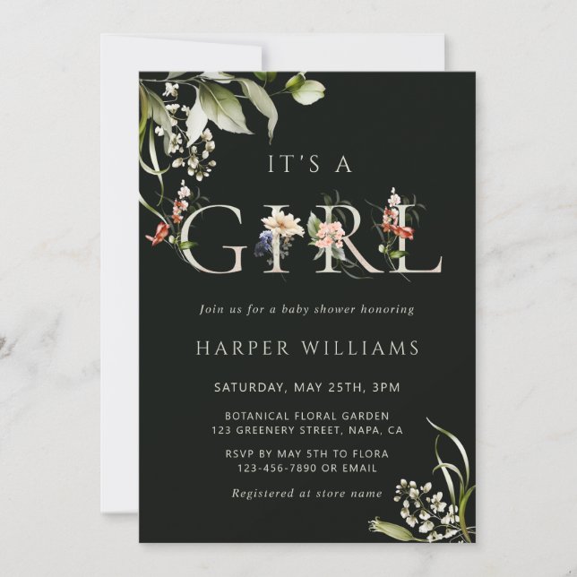 Dark Green Floral Botanical Letter Baby Shower Invitation (Front)