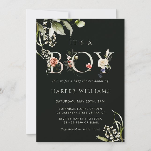 Dark Green Floral Botanical Letter Boy Baby Shower Invitation (Front)