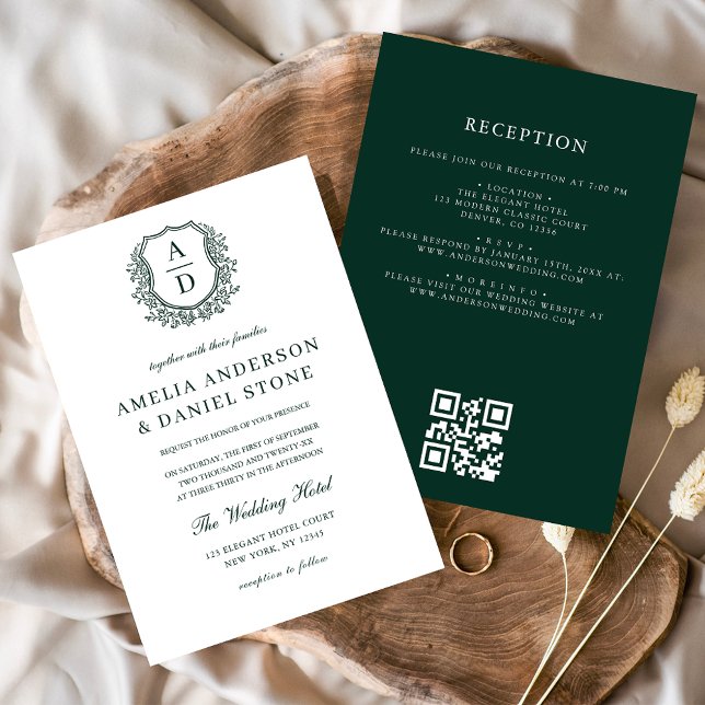 Dark Green Floral Crest Monogram Wedding QR Code Invitation (Creator Uploaded)