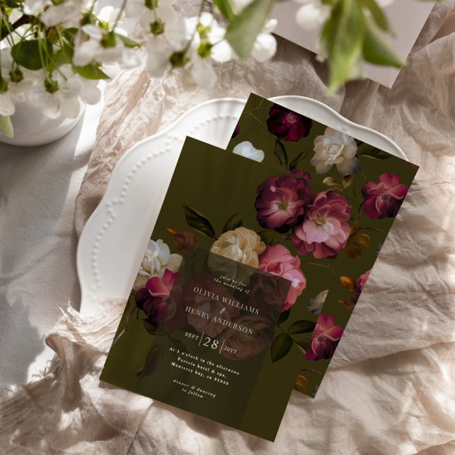 Dark Green Floral Moody Black Elegant Romantic Invitation (Creator Uploaded)