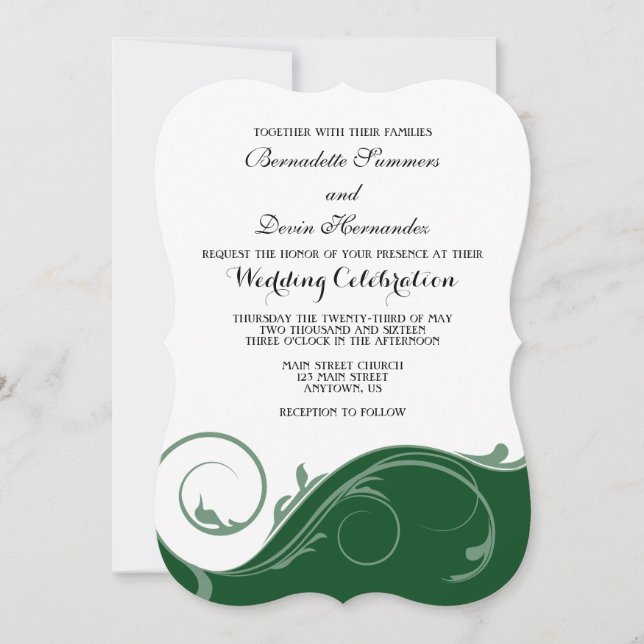Dark Green Floral Swirl Bracket Wedding Invites (Front)