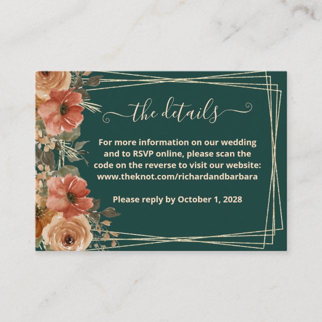 Dark Green Floral Wedding Website Details QR    Enclosure Card (Front)