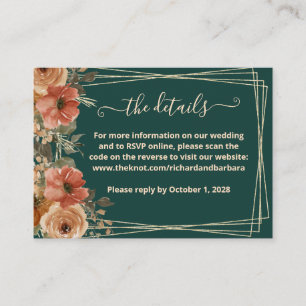 Dark Green Floral Wedding Website Details QR Enclosure Card