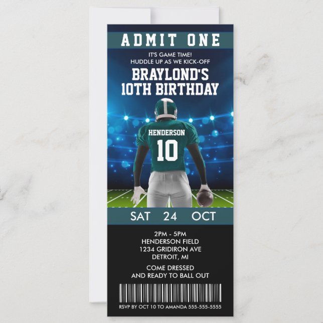 Dark Green Football Ticket Birthday Invitation (Front)