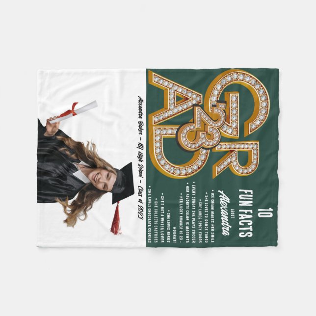 Dark Green Fun Facts & Photo 2023 Grad Graduation Fleece Blanket (Front (Horizontal))