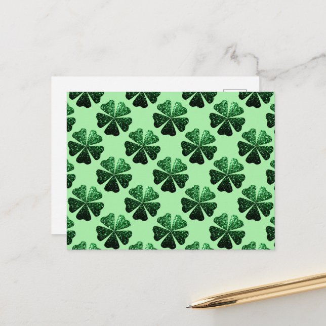 Dark Green glitter sparkle Shamrock pattern Postcard (Front/Back In Situ)