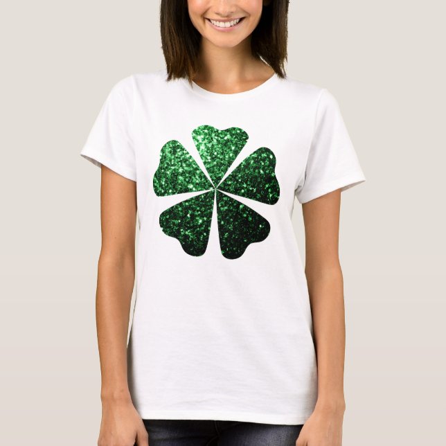 Dark Green glitter sparkles Shamrock Clover T-Shirt (Front)