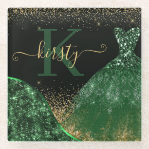 Dark Green Glitter Watercolor Dress & wave edge Glass Coaster