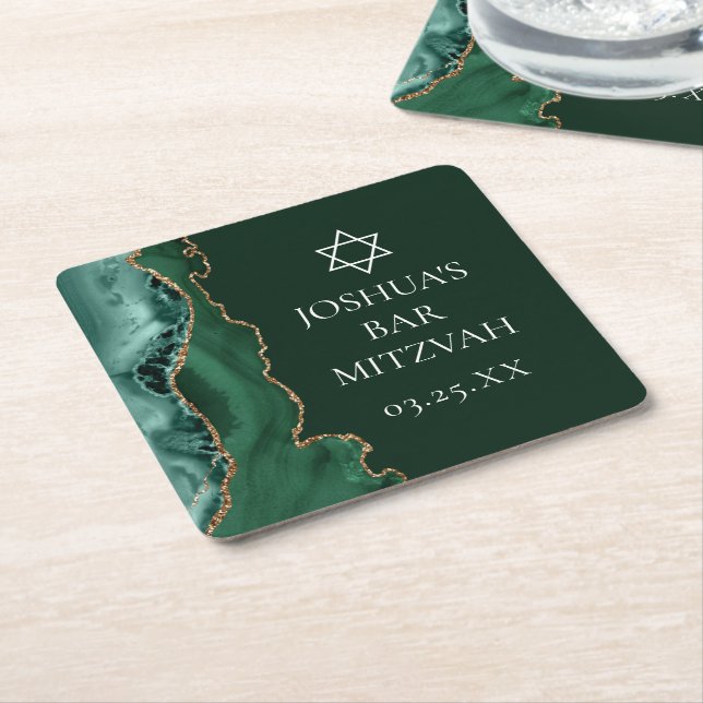 Dark Green Gold Agate Bar Mitzvah Party Square Paper Coaster (Angled)