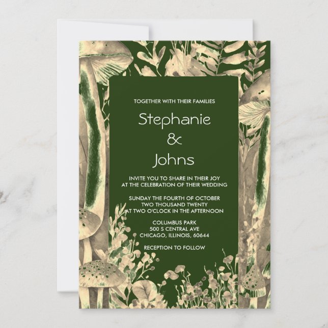 Dark Green Gold Artsy Mushroom Woodland Wedding Invitation (Front)
