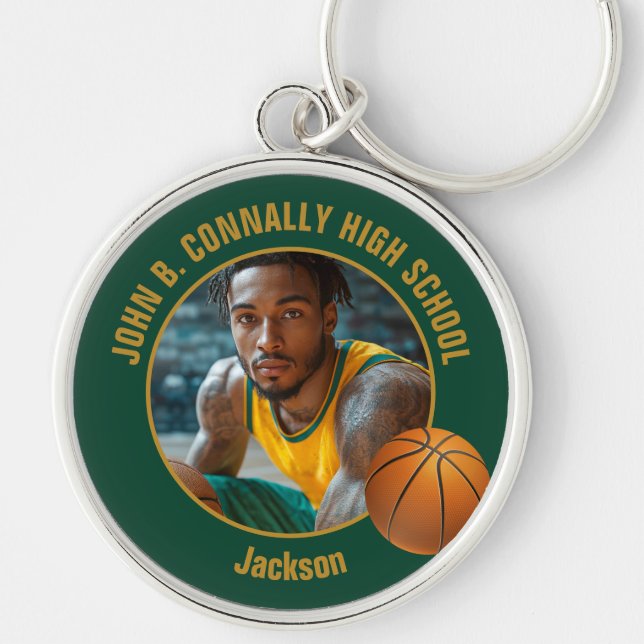 Dark Green Gold Basketball Player Photo Key Ring (Front)