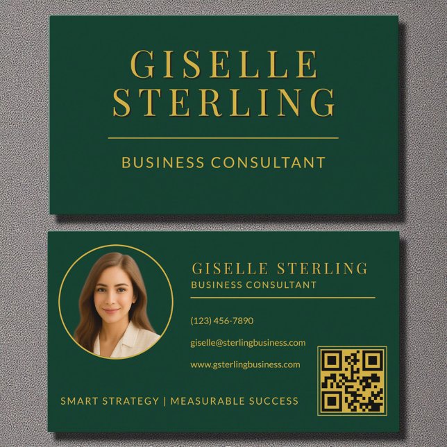 Dark Green Gold Business Consultant Photo QR Code Business Card (Creator Uploaded)