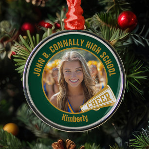 Dark Green Gold Cheerleader Photo Christmas Metal Ornament