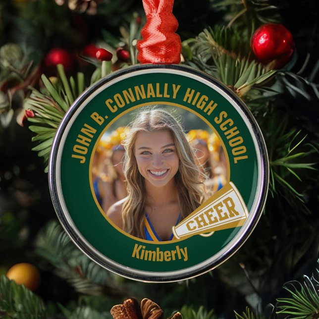 Dark Green Gold Cheerleader Photo Christmas Metal Ornament (Creator Uploaded)