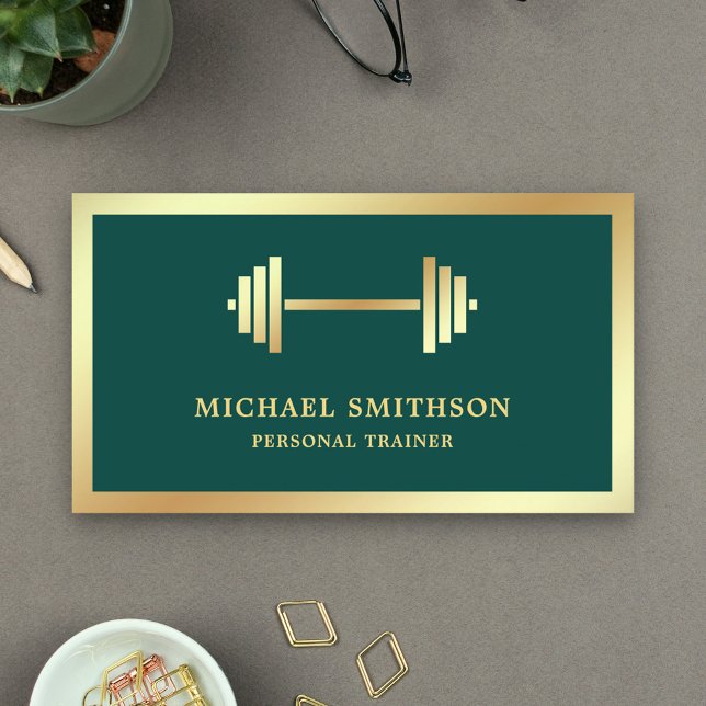 Dark Green Gold Dumbbell Fitness Personal Trainer Business Card (Creator Uploaded)