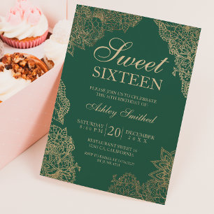 Dark green gold floral elegant Sweet sixteen Invitation